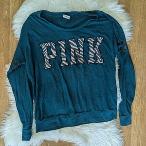 PINK Victoria's Secret Zebra Print Embroidered Long Sleeve T-shirt Teal Turquois